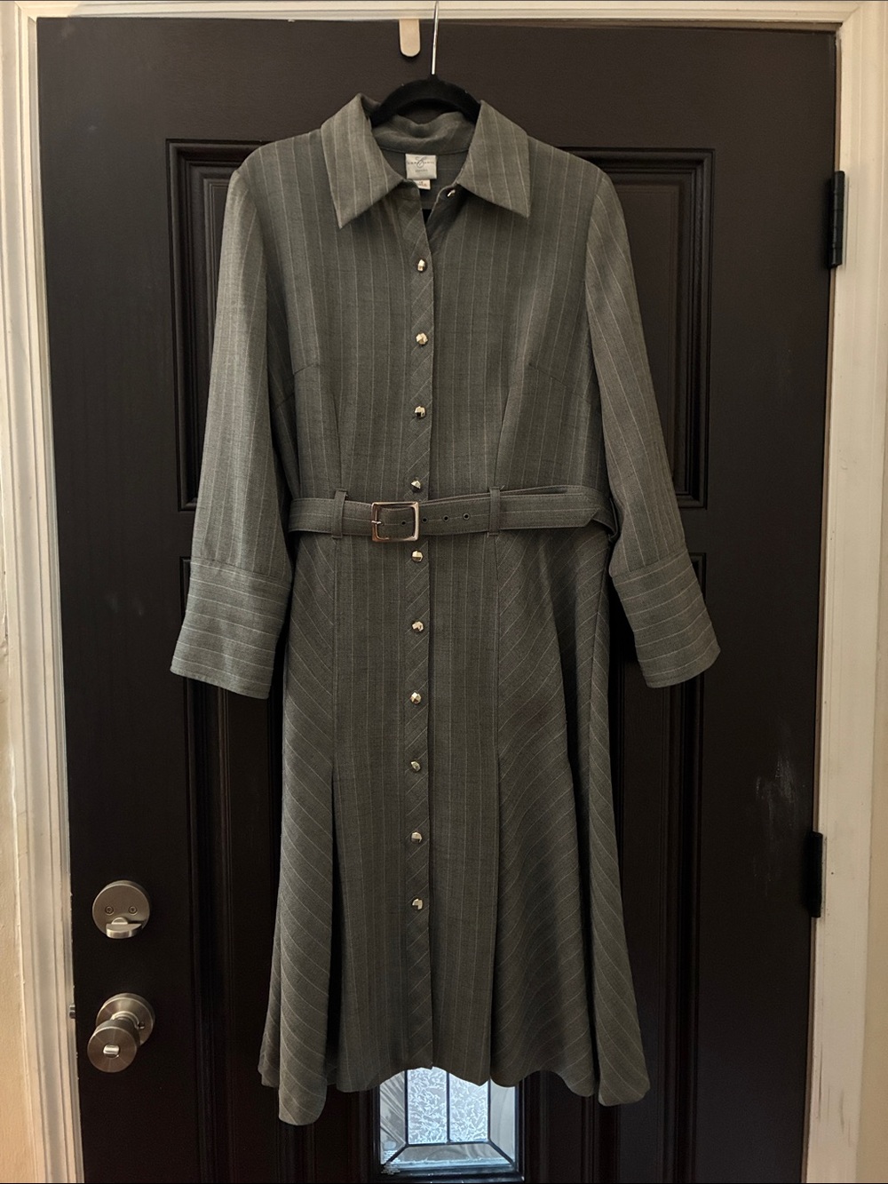 Emma James Olive Gray Pinstripe Midi Shirt Dress with Belt